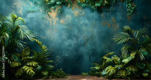 Minimalist backdrop adorned with lush tropical leaves, evoking a serene and exotic atmosphere © S A H I N 