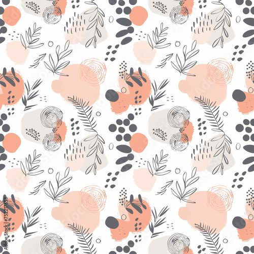 Peach and Grey Modern Botanical Illustration Pattern Seamless Background