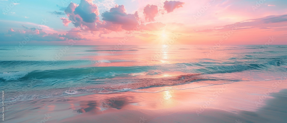 A breathtaking view of the sunrise over a serene beach, with pink and blue hues reflecting off the water and clouds, creating a peaceful and picturesque scene. - obrazy, fototapety, plakaty 