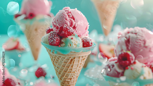 Web page featuring ice cream desserts with a postmodern twist, combining light teal and light magenta hues, whimsical design elements, eye-catching tags, and yankeecore aesthetics with a sparse color.