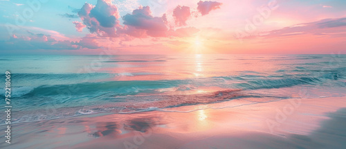 A breathtaking view of the sunrise over a serene beach, with pink and blue hues reflecting off the water and clouds, creating a peaceful and picturesque scene.