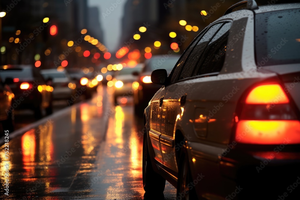 City Traffic at Dusk: Car lights creating streaks of bokeh.