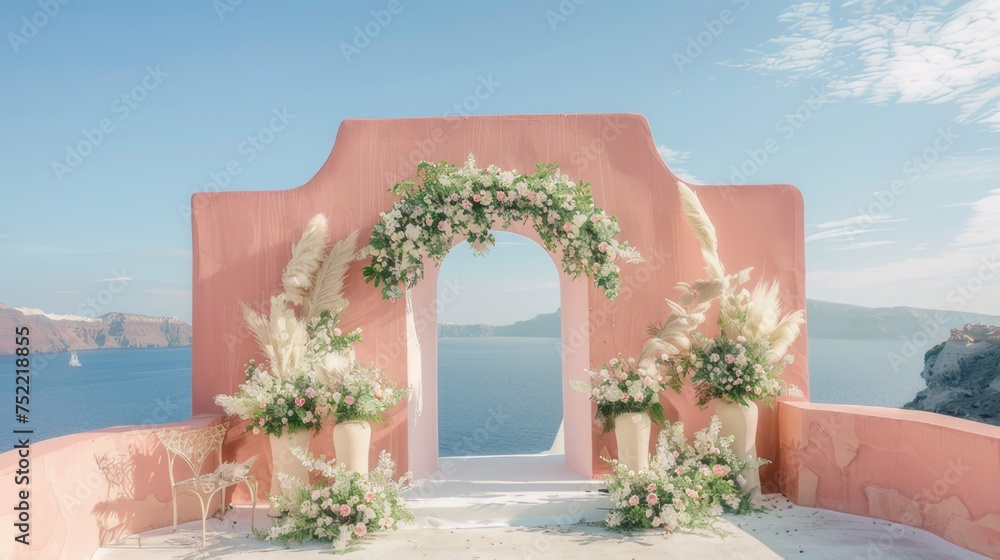 A scenic Santorini wedding backdrop in soft pastel pink, embellished with floral arrangements and decorative elements.