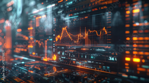 Abstract digital landscape showcasing financial data analysis with dynamic graphs and charts. Vibrant orange and blue hues dominate with a futuristic aesthetic.