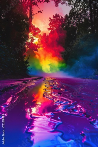 A surreal view of a forest path captured with vibrant, multicolored smoke creating a dreamy atmosphere