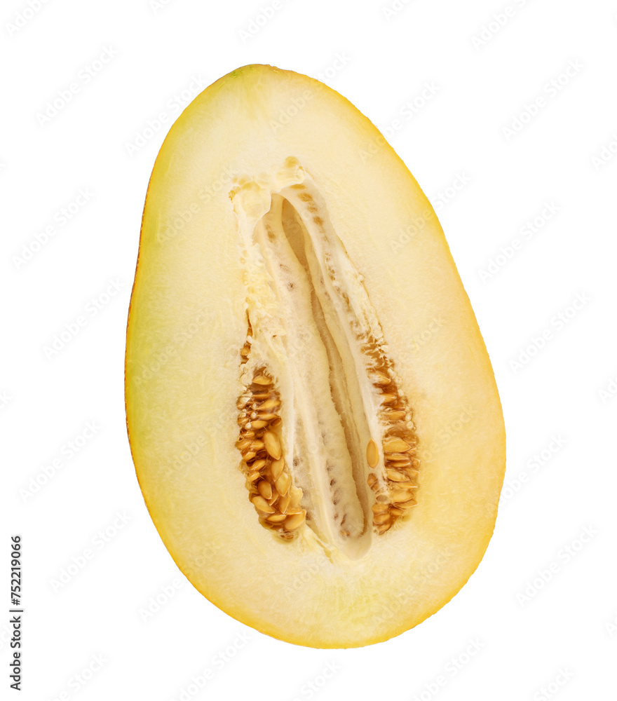 One half of sweet melon, macro, isolated on white background. One half of sweet melon, macro, isolated on white background.