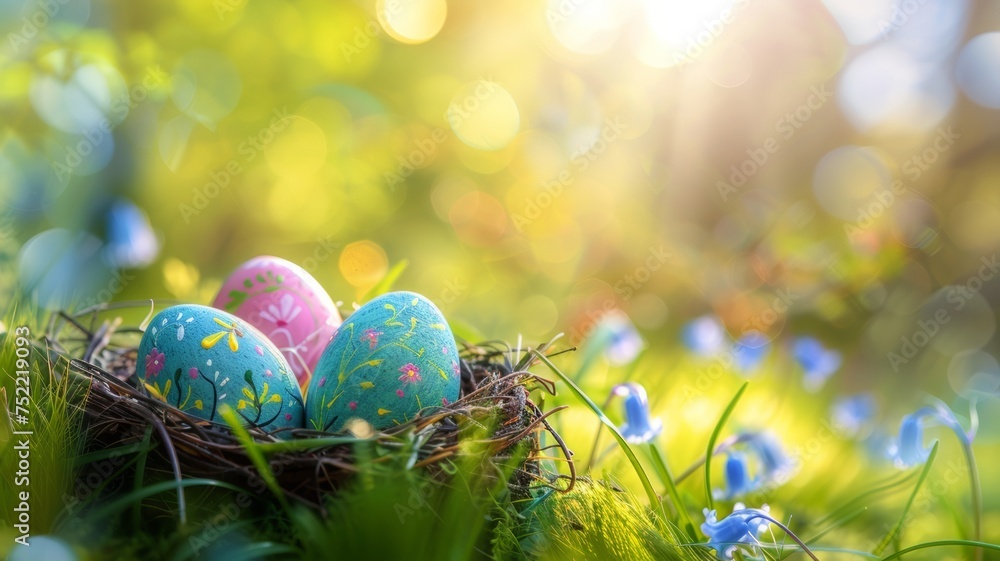Easter eggs painted and arranged in a bird's nest, celebrating Happy Easter on a spring day amidst a green field and bright sunshine. Easter eggs painted and arranged in a bird's nest, celebrating Happy Easter on a spring day amidst a green field and bright sunshine.