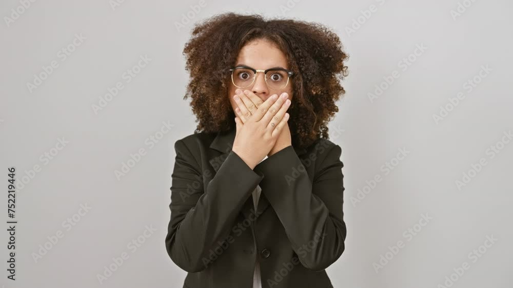 Shocked hispanic woman with curly hair covers mouth in astonishment over mistake - secret surprise on isolated white background Shocked hispanic woman with curly hair covers mouth in astonishment over mistake - secret surprise on isolated white background