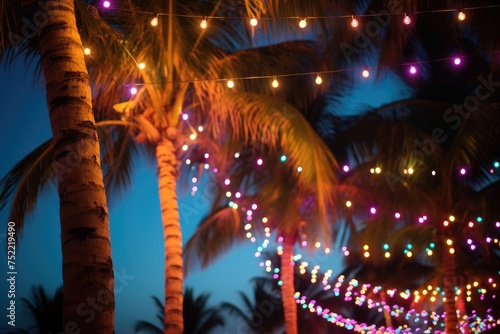 Tropical Beach Party: Bokeh lights under palm trees by the beach.