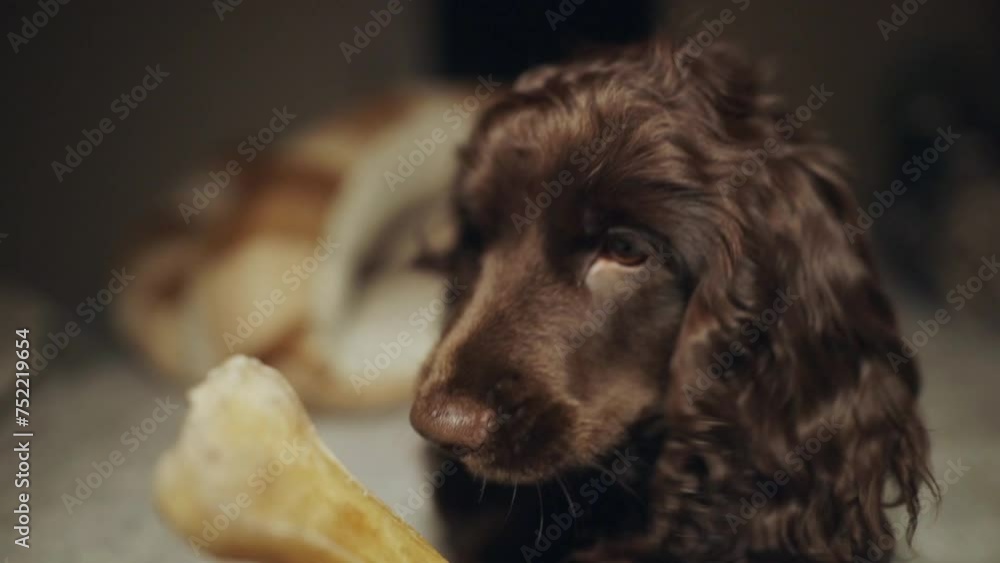 Portrait purebred cute young English Cocker Spaniel, chewing bone on bed. Young dark brown English Cocker Spaniel puppy chewing bone lying on bed. A playful English Cocker Spaniel looks at the camera. Portrait purebred cute young English Cocker Spaniel, chewing bone on bed. Young dark brown English Cocker Spaniel puppy chewing bone lying on bed. A playful English Cocker Spaniel looks at the camera.