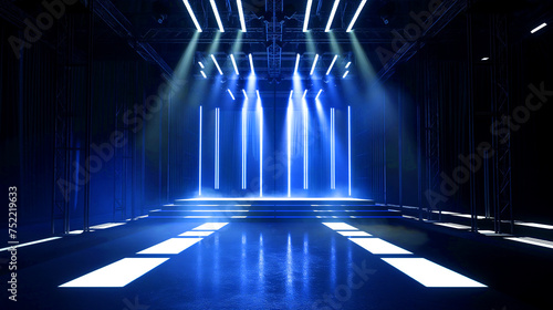 Set of spotlights. Stage  podium. Light effects