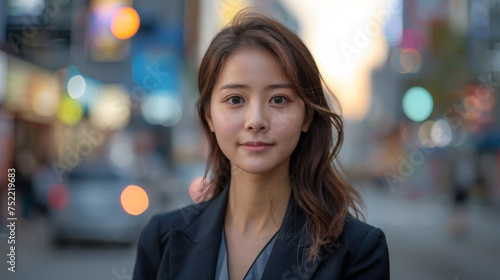 Portrait of a young professional woman with a gentle smile, standing on a city street at dusk, with bokeh lights in the background and the city's bustle around her.