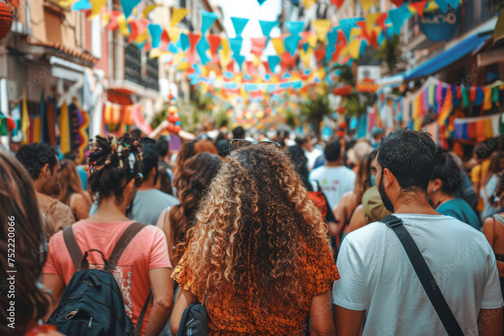 Rear view of a curly-haired person at a vibrant street festival, surrounded by a crowd under a canopy of colorful bunting flags. - obrazy, fototapety, plakaty 
