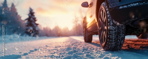 Winter tire in snow. Car tire on snowy road. Tires detail in witer time