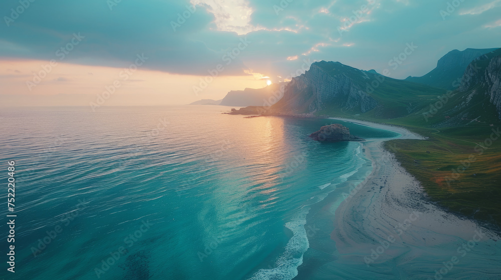 Tranquil seascape at sunset with a sunlit coastline. Gentle waves lap against a sandy beach, flanked by rugged cliffs under a pastel-hued sky. - obrazy, fototapety, plakaty 