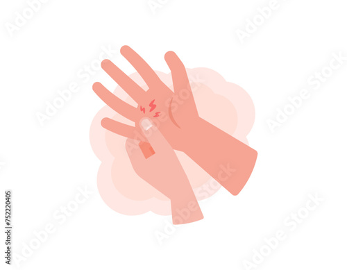 Trigger Finger. Illustration of a hand with a bent finger. inflammation of tendons or bone connective tissue. pain in the hands. disease or symptoms. health. flat style illustration design. graphic