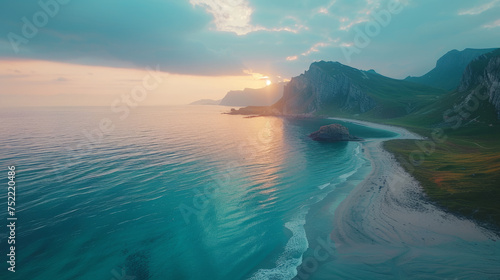 Tranquil seascape at sunset with a sunlit coastline. Gentle waves lap against a sandy beach, flanked by rugged cliffs under a pastel-hued sky.