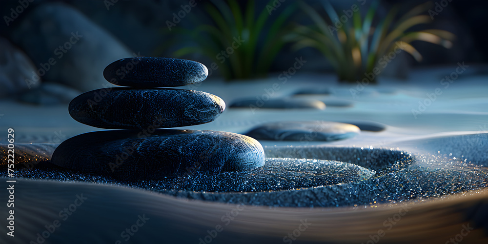 Balancing pebble stones background Calm peaceful mediation and relaxation in Zen garden, 
 - obrazy, fototapety, plakaty 