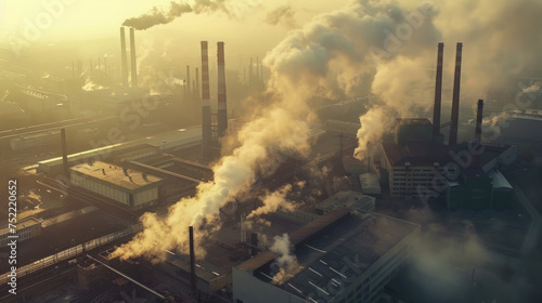 An industrial area with multiple smokestacks emitting large amounts of smoke into the hazy sky during sunset, reflecting environmental pollution and manufacturing activity.