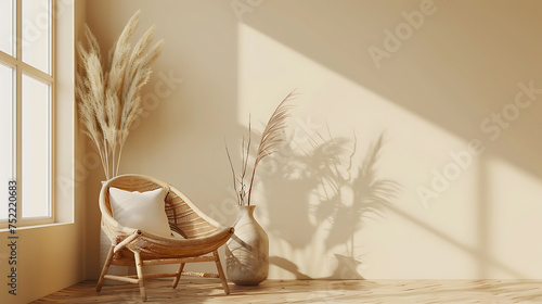 Mockup of an empty beige wall in a bohemian-style room with a wicker armchair and vase, illuminated by natural daylight from a window. Ideal for promotional backgrounds.