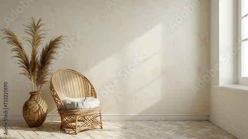 Mockup of an empty beige wall in a bohemian-style room with a wicker armchair and vase, illuminated by natural daylight from a window. Ideal for promotional backgrounds.