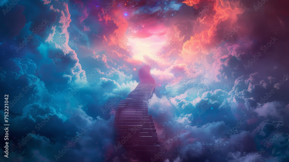 A surreal concept depicting a staircase ascending towards a vibrant, colorful sky with dramatic clouds at sunset or dawn. - obrazy, fototapety, plakaty 