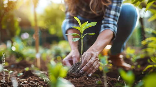 Promoting local food production and habitat restoration through community gardening: Sustainability and Engagement Concept. Man or woman plant plants in the ground.