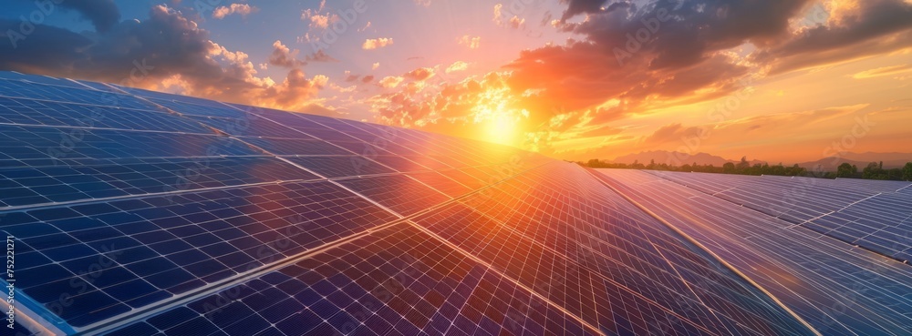 solar panels at sunset renewable green energy Generative AI - obrazy, fototapety, plakaty 