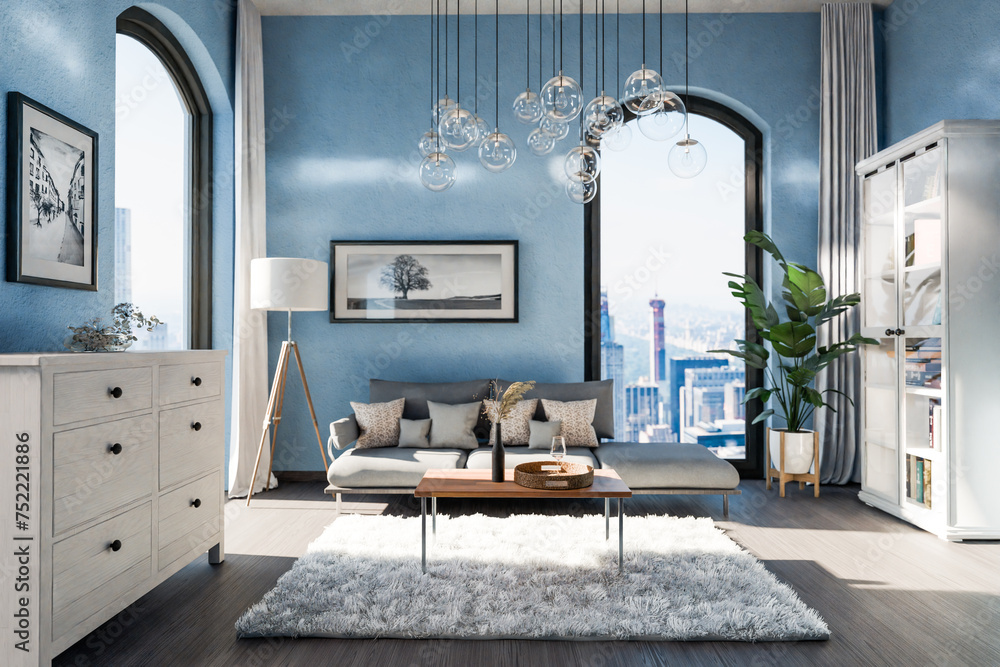 Fototapeta premium luxurious loft apartment with floor-to-ceiling windows and panoramic view; modern minimalistic interior design of living room area; bright daylight; 3D rendering