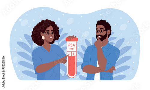 Doctor holding a test blood sample tube for analysis of PSA Prostate Specific Antigen. Blood tube test with requisition form for PSA Prostate Specific Antigen test.