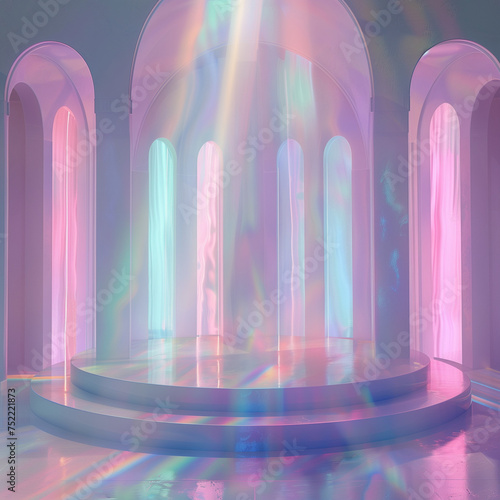 Stage with arches is illuminated by light in pastel colors dominated by light blue, pink and purple