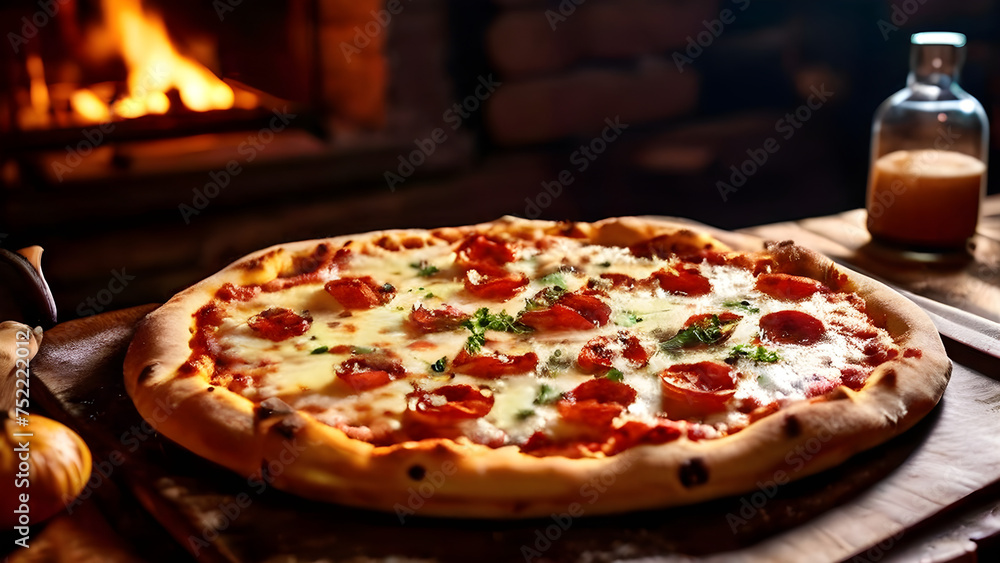 Rustic Charm: Authentic Oven-Baked Pizza on Wooden Table in Cozy Italian Restaurant Rustic Charm: Authentic Oven-Baked Pizza on Wooden Table in Cozy Italian Restaurant