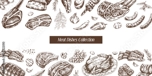 Meat and vegetables menu template in engraved vintage style. Hand-drawn sketches of barbecue meat pieces with herbs and seasonings. Background for meat restaurant..
