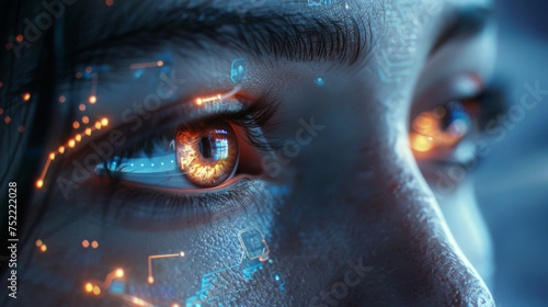 Close-up of a woman's eye enhanced with futuristic digital overlays, illustrating advanced biometric scanning technology or augmented reality concepts with a focus on detail and vivid colors.