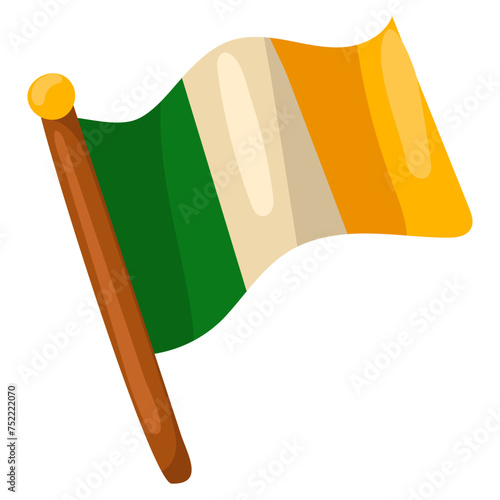 Flag of Ireland. A hand-drawn flag on a flagpole. A developing striped wavy flag in green, white, yellow. Isolated vector image on a white background. For the holidays of Ireland