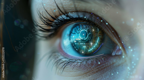 Close-up of a human eye with futuristic digital overlays, symbolizing advanced technology and biometric security.