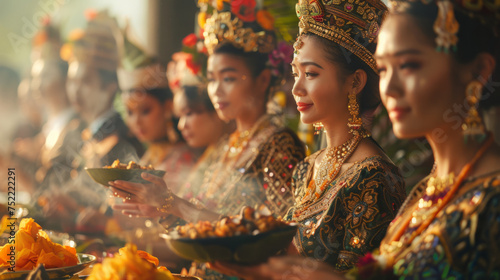 A group of women dressed in traditional ornate costumes with headpieces  holding offerings in a warm  softly-lit setting.