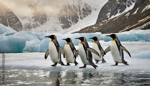 Several penguins run across the ice