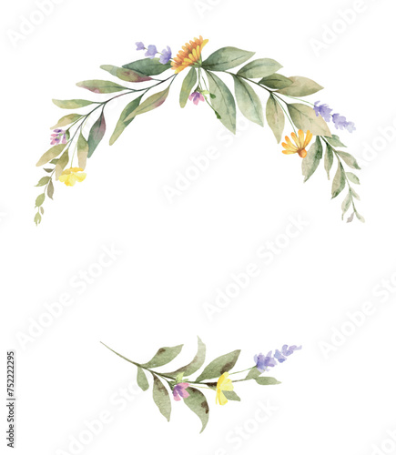 Watercolor vector flower wreath. Wild field herbs flowers. Design for invitat...