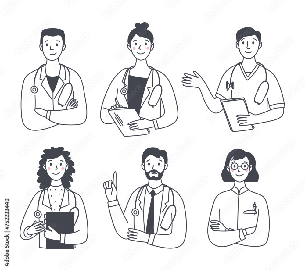 Set of smiling friendly medical men and women. Portraits of medical workers. Medicine. Doctor with a stethoscope. Isolated vector doodle illustration Set of smiling friendly medical men and women. Portraits of medical workers. Medicine. Doctor with a stethoscope. Isolated vector doodle illustration