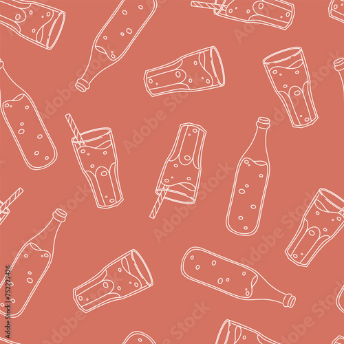 Soft soda drink bottles and glasses seamless pattern. Simple outline vector texture. Cute hand drawn lemonade theme background for packaging, apparel, card, wrapping paper, fabric, wallpaper, textile.