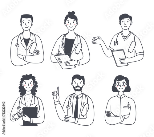 Set of smiling friendly medical men and women. Portraits of medical workers. Medicine. Doctor with a stethoscope. Isolated vector doodle illustration