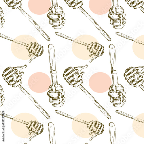 Hand drawn pattern with honey spoon in vintage sketch
