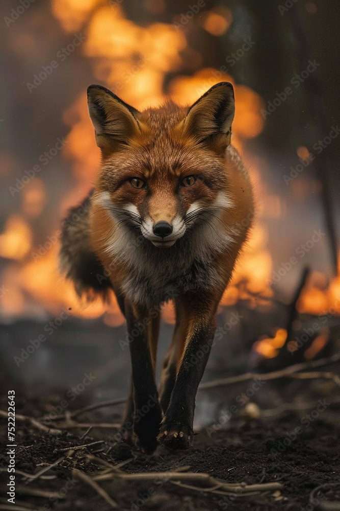 Close up of red fox running away from forest fire. wildfire, environmental disaster, global warming, climate change concept. Close up of red fox running away from forest fire. wildfire, environmental disaster, global warming, climate change concept.