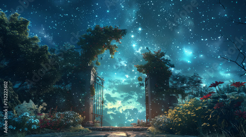 An enchanting night garden scene with vibrant flowers and foliage under a starry sky, featuring an illuminated path leading to an ornate gate that suggests a magical or fantasy setting.