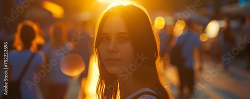 Woman amidst bustling city crowd bathed in golden sunset glow. Concept Cityscape, Sunset, Golden Hour, Urban Lifestyle, Walking Among Crowds