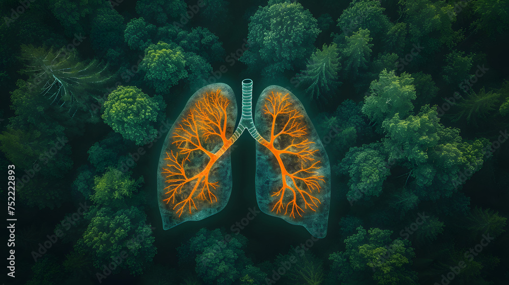Conceptual image of lungs superimposed on a forest canopy illustrating lung diseases. Environmental health and awareness concept for design and print - obrazy, fototapety, plakaty 