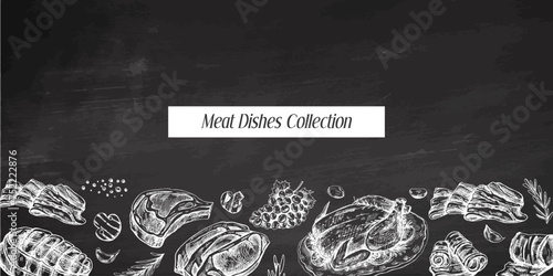 Meat and vegetables menu template in engraved vintage style. Hand-drawn sketches of barbecue meat pieces with herbs and seasonings on chalkboard background.