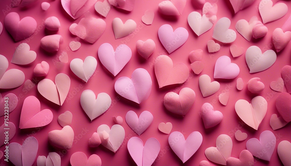 Paper hearts in shades of pink form a gradient on a matching background, exuding affection and tenderness in a gentle pattern.