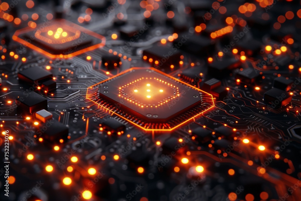 A macro shot of an illuminated circuit board, showcasing the striking red electrical pathways and complex technology A macro shot of an illuminated circuit board, showcasing the striking red electrical pathways and complex technology
